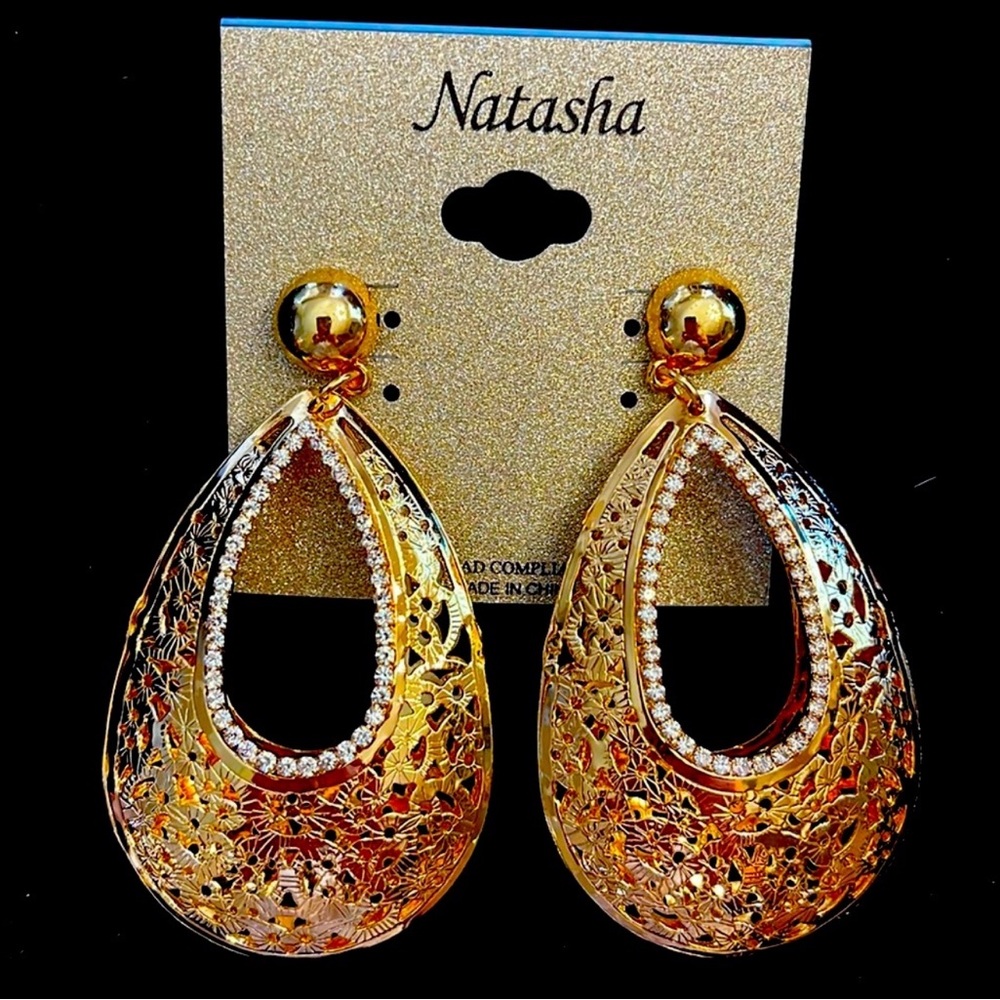 Natasha Couture Gold Dangle Earrings with Intricate Design